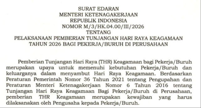 Menaker Terbitkan Edaran THR Keagamaan 2026: Wajib Dibayar Penuh, Tak Boleh Dicicil!